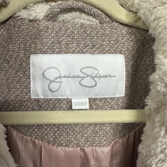 Jessica Simpson Womens Sz S Blush Pink Faux Fur Collar Coat Wool Blend Belted - Picture 7 of 8